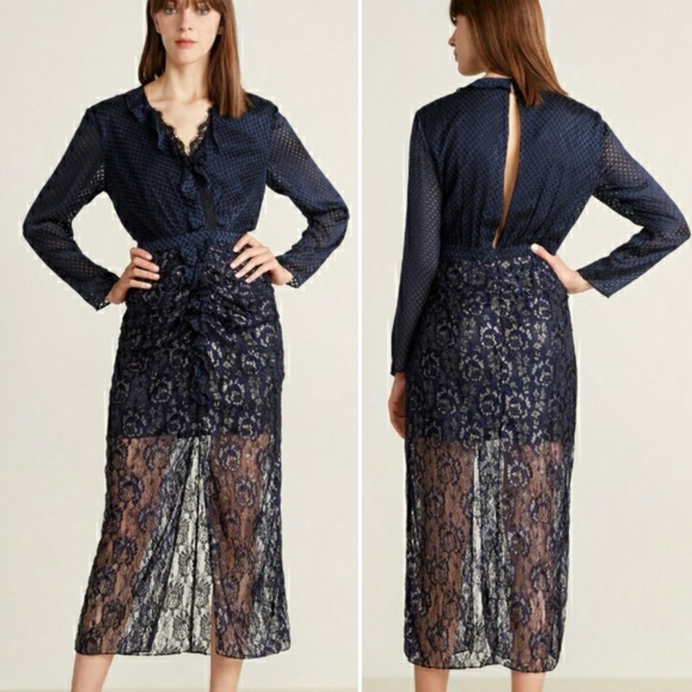 SALONI Yana Navy Ruffle Lace Midi Dress